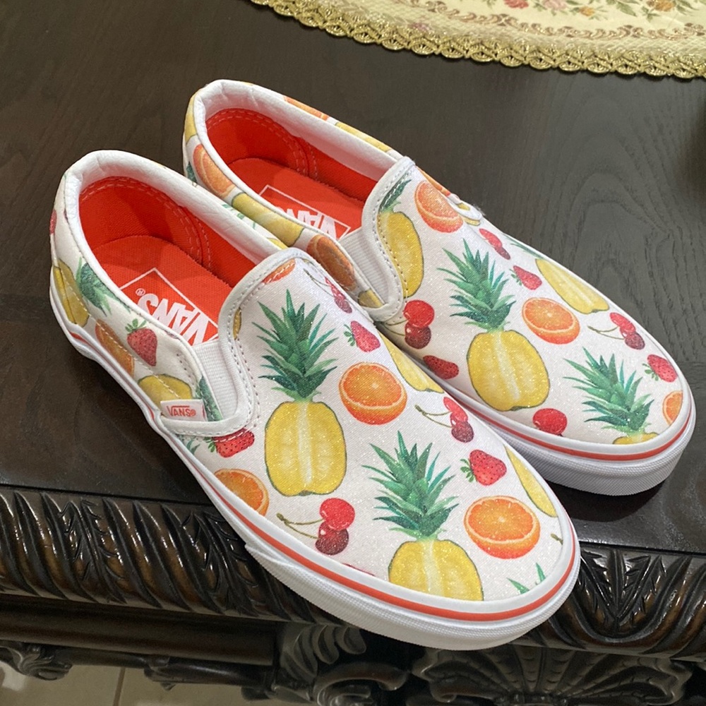 Vans Slip-On Fruit Print Sneakers in White, Yellow, Orange, Green, Red